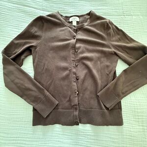 LOFT Brown Button-Front Crewneck Cardigan